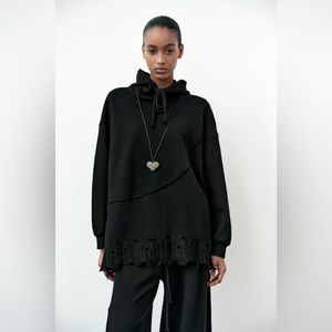 Zara COMBINATION RIPPED TRICOT SWEATSHIRT size M IN BLACK